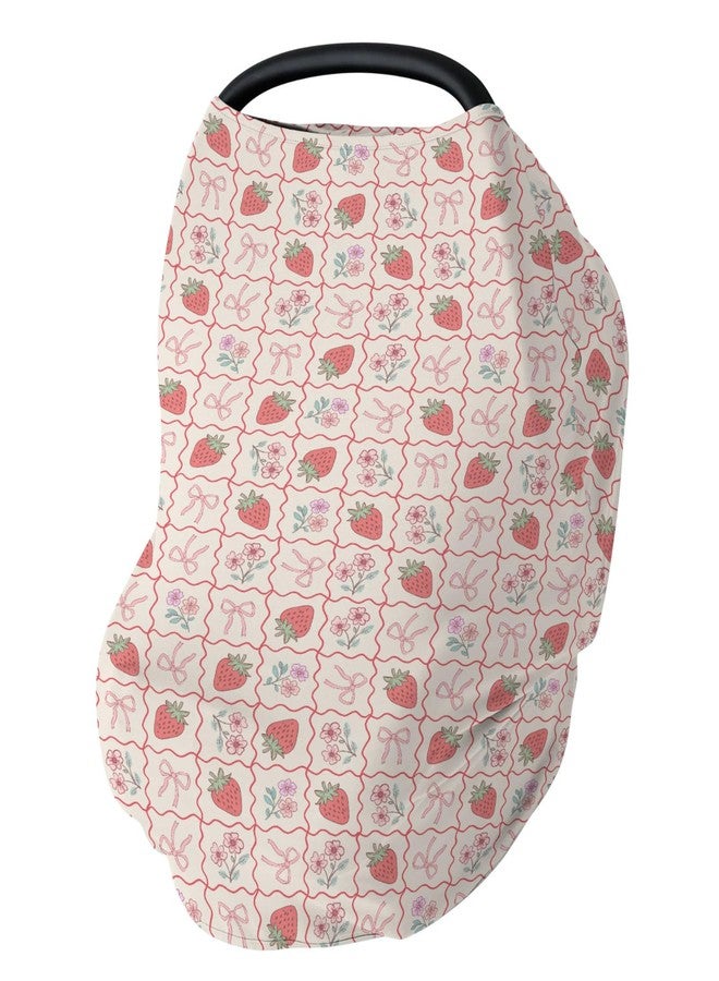 ZoUbqchY Boho Strawberry Flowers Car Seat Cover for Baby Strawberries Pink Bows Checkerboard Stretchy 5-in-1 Cover Adjustable Car Canopy Cover Summer Fruit Breathable Nursing Cover-Up - Image 1